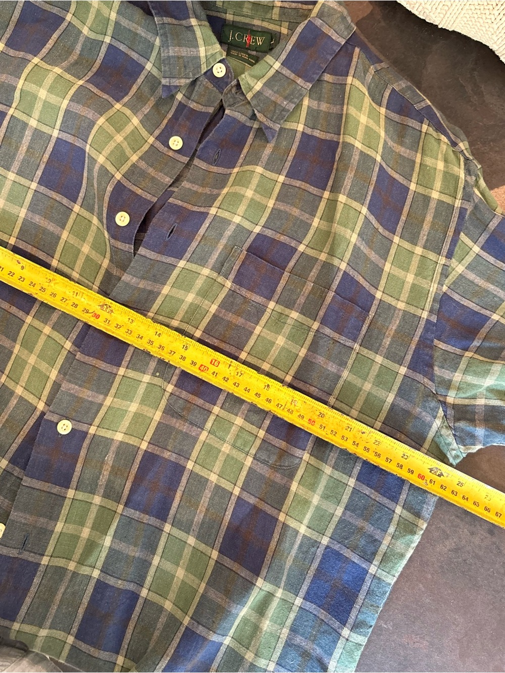 J. Crew Linen Olive Green and Navy Plaid Button-Front Shirt Large - Picture 2 of 7
